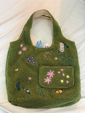 Studio Ghibli Green Embroidered Sherpa Reversible Tote Bag